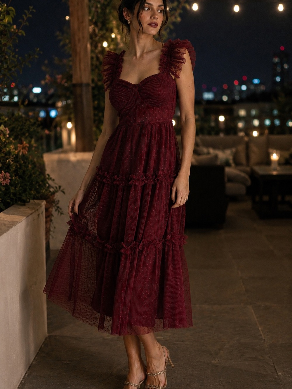Whimsigoth Burgundy Sheer Smocked Midi Dress M Tiered Skirt Fairycore Romantic